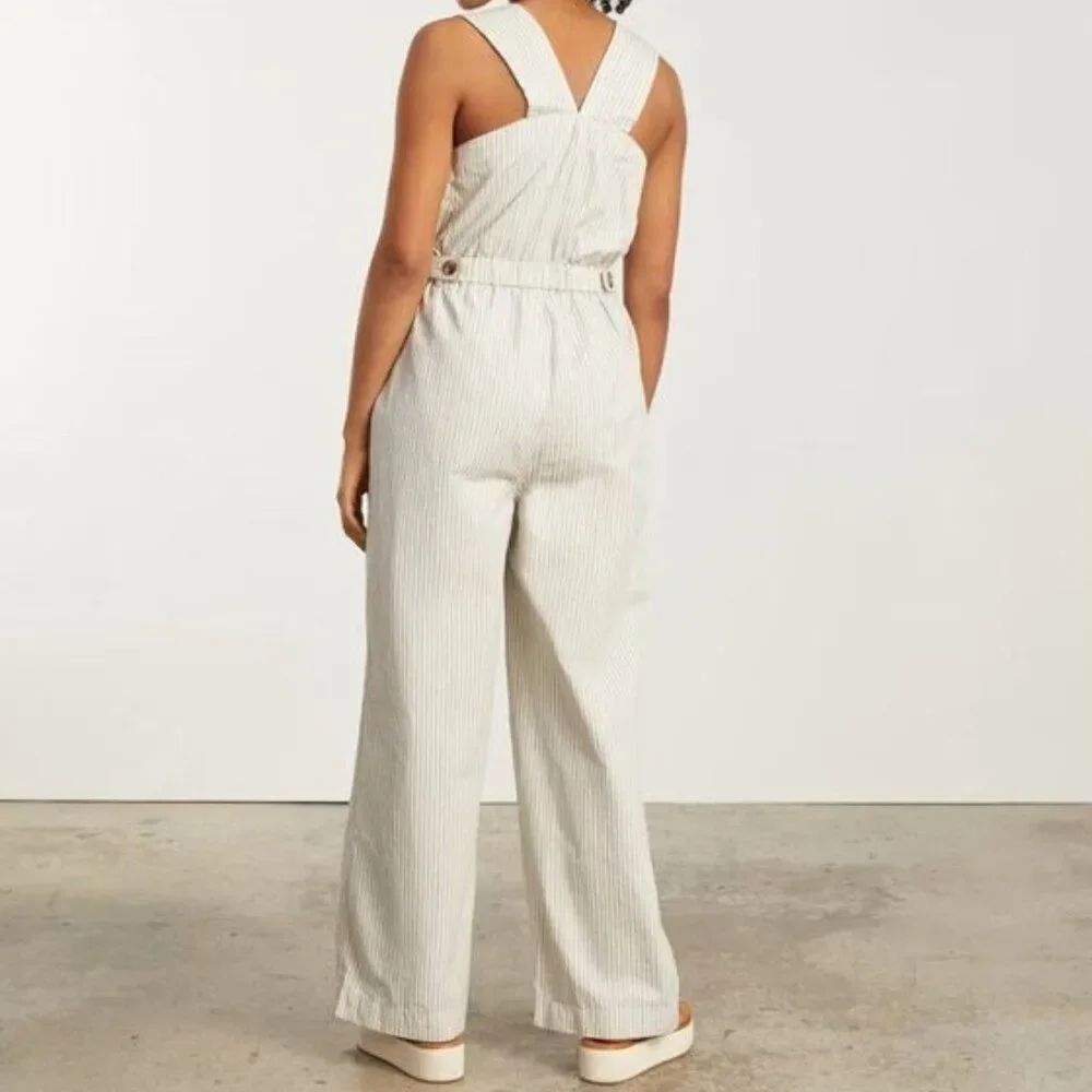 Everlane The Fatigue Apron Organic Cotton Linen Blend Jumpsuit Navy Stripe 8